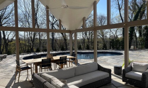 Covered patio with furniture and pool view.