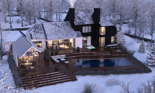 Modern house with snowy landscape and pool.