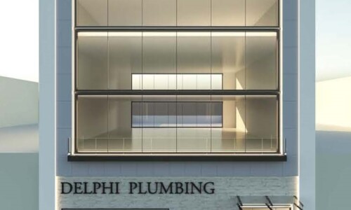Modern building labeled "Delphi Plumbing" exterior view.