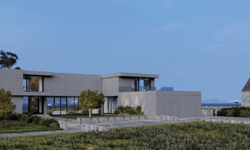 Modern house with large windows and garden.