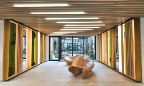 Modern hallway with sculptural wooden bench.
